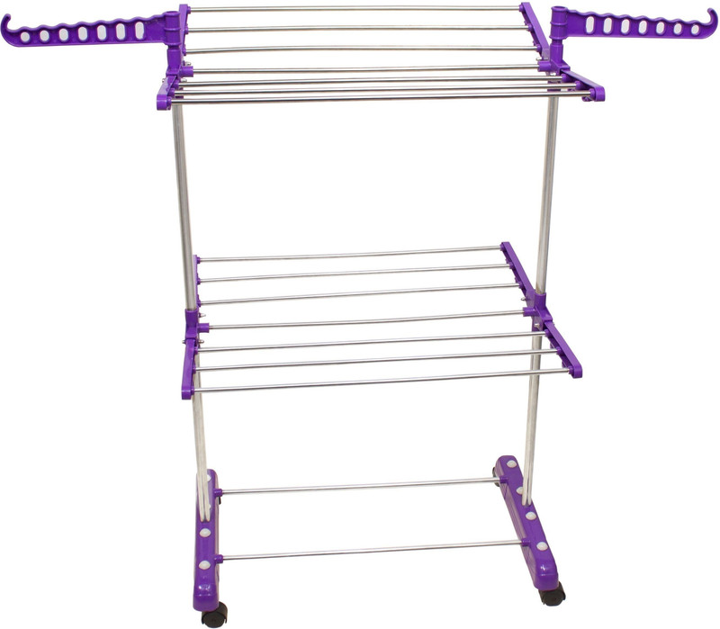 Unizone Steel, Aluminium, Plastic Floor Cloth Dryer Stand SS Premium Compact Space Saving Foldable - US2326 Single Poll(2 Tier)