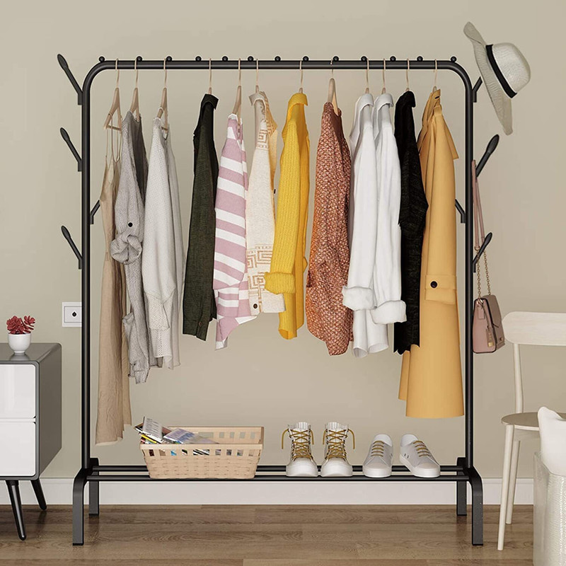BUCKETLIST Steel Floor Cloth Dryer Stand Freestanding Hanging Metal Clothes Rack with Storage Shelf and Side Hooks, Black(1 Tier)