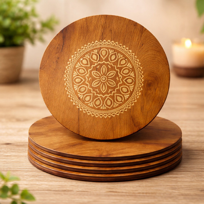 DreamNest Premium 20 cm Wooden Trivet Heat-Resistant stand for kitchen,Cafe and Restaurant Laser Engraved Rustic Matte Finish with best design Trivet(Pack of 4)