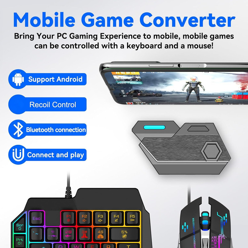 ADVANCE GADGETS RGB One Hand Gaming Keyboard and Mouse Combo Kit for Android Mobile Gaming Combo Set Designed for Gaming(Black)