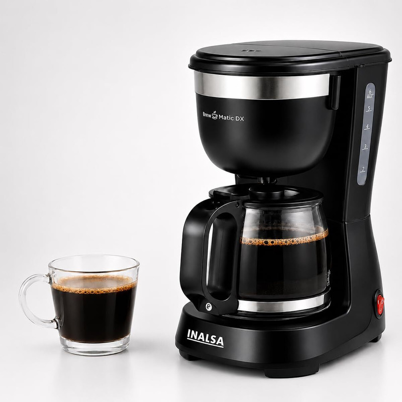 Inalsa Brew Matic DX |Anti Drip|See Through 680ml Carafe|630ml Water Tank |650W with Anti Drip & Keep Warm Function|Overheat Protection|See Through |Reusable Coffee Filter 6 Cups Coffee Maker(Black/Silver)