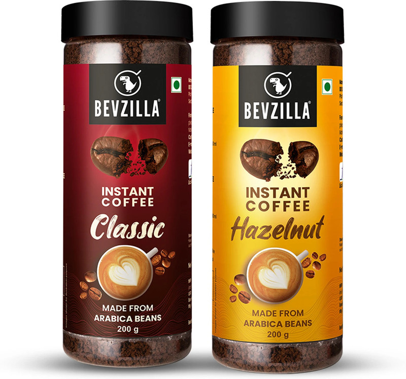 Bevzilla Instant Coffee Powder Combo- 200g Premium Classic Strong & 200g Hazelnut Instant Coffee(2 x 200 g, Unflavoured, Hazelnut Flavoured)