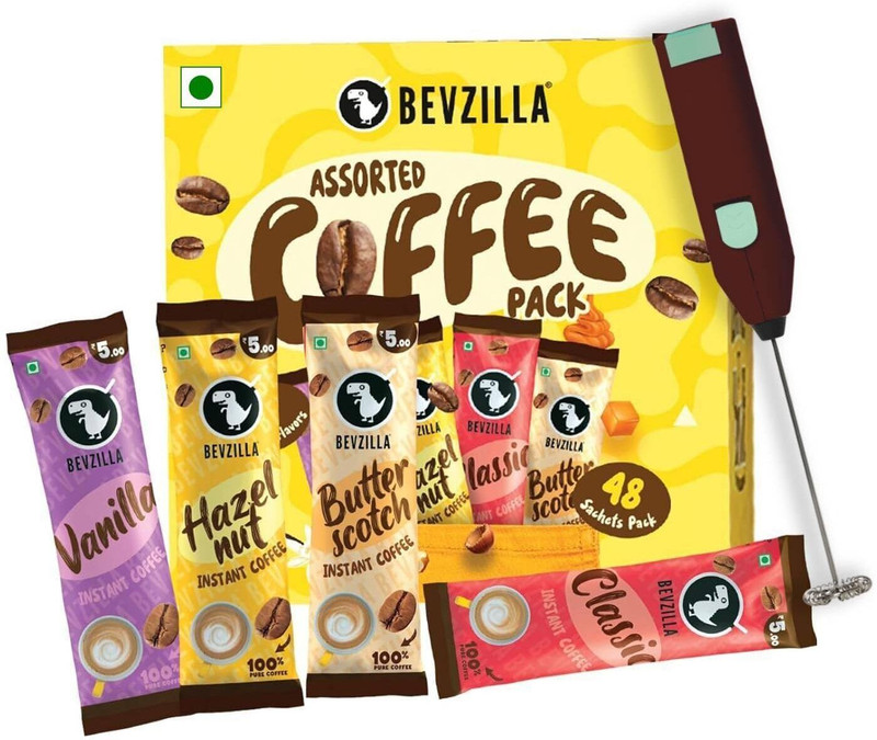 Bevzilla 48 Assorted Coffee Powder Sachet with Frother |Café Coffee Kit Instant Coffee(2 x 48 g, Vanilla, Unflavoured, Butterscotch, Hazelnut Flavoured)