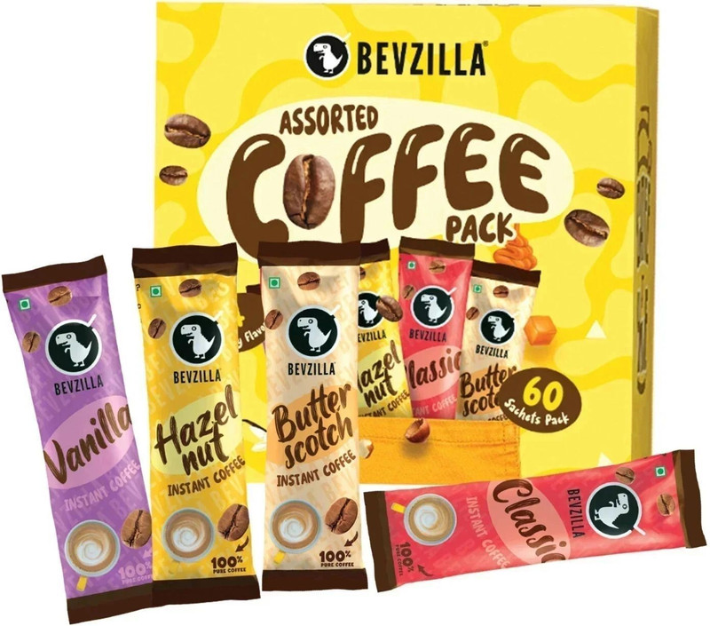 Bevzilla Instant Coffee Powder - 60 Sachets Box, Makes Premium Cups, 15 Sachet Each Instant Coffee(60 x 2 g, Assorted Flavoured)