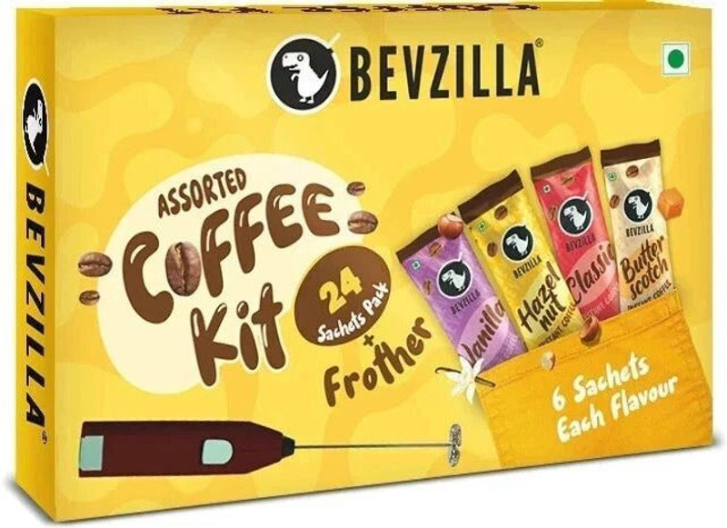 Bevzilla 24 Flavoured Coffee Sachets & Frother Cafe Coffee Kit Instant Coffee(24 x 2 g, Assorted Flavoured)