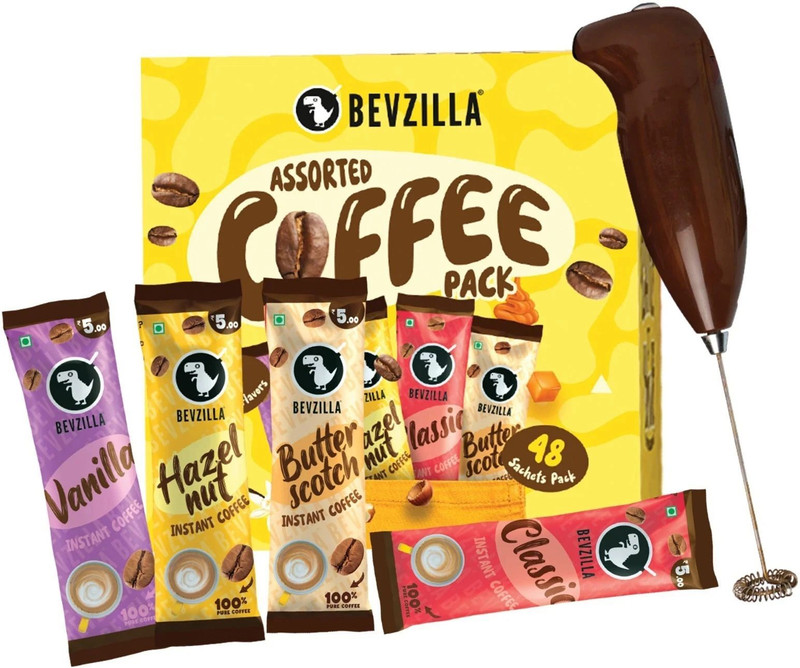 Bevzilla 48 Assorted Coffee Powder Sachet with Frother |Café Coffee Kit Instant Coffee(2 x 48 g, Vanilla, Unflavoured, Butterscotch, Hazelnut Flavoured)