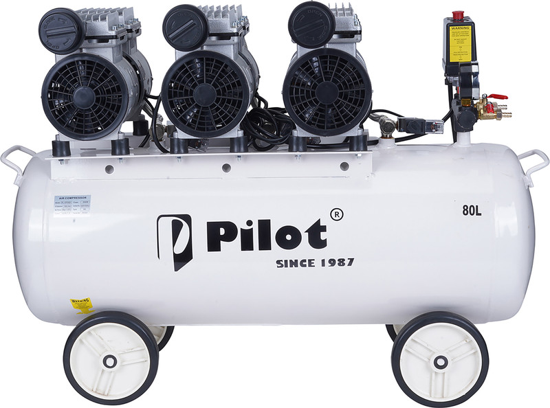 Pilot 80L Oil Free Silent Air Compressor, 2250W (750Wx3 head) Low Noise, Portable Coil Spring Compressor