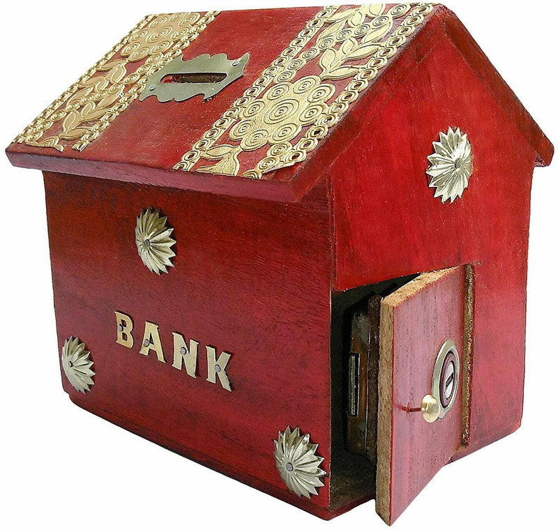 Green Tree Handicrafts Wooden Hut Money Bank / Money Saver/ Coin Box/ Piggy Bank Wooden Money Clip(Red)