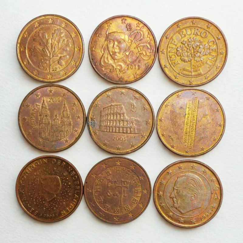 SHUBHCOINS 9 Different Country/Picture 5 Cent Euro Education Set Best for School Projects Medieval Coin Collection(9 Coins)