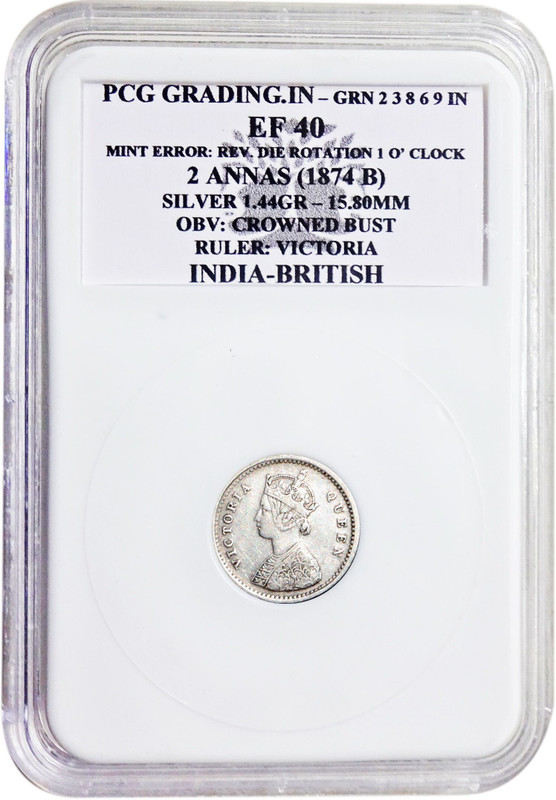 ANTIQUEWAY 1874B PCG EF40 Two Annas Mint Error:Rev. Die Rotation 1'O Clock Victoria Queen Medieval Coin Collection(1 Coins)