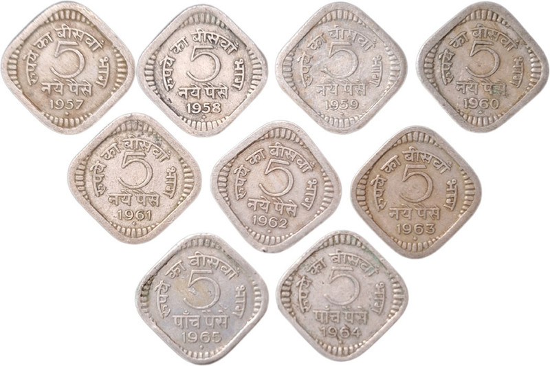 SHUBHCOINS 5 Paisa 1957-1965 Republic India Very Rare Set (Very Fine) Modern Coin Collection(9 Coins)