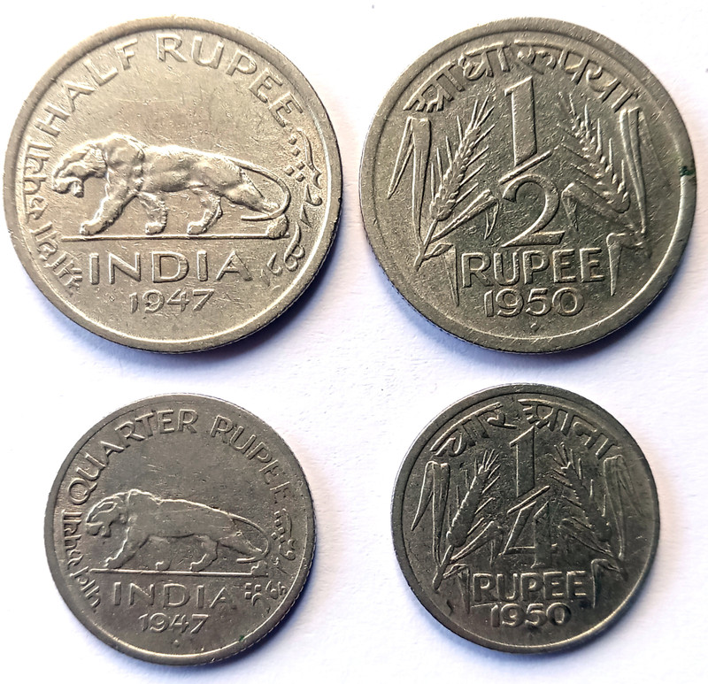 Naaz Rare Collection British India 1947 & Republic India 1950 1/2 Rupee, And 1/4 Rupee Medieval Coin Collection(4 Coins)