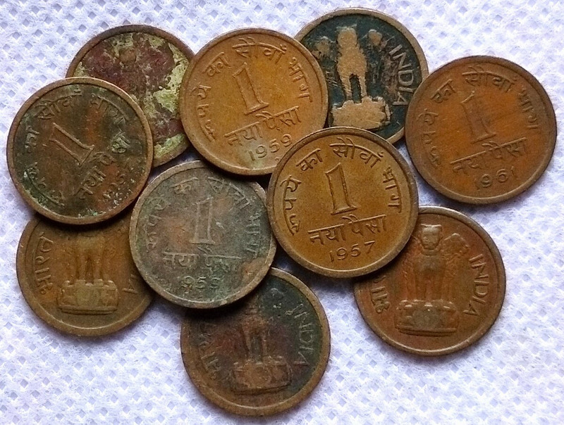 MAHAPHILLA India 1957 - 1961 1 Naya Paisa Copper Cions Medieval Coin Collection(10 Coins)