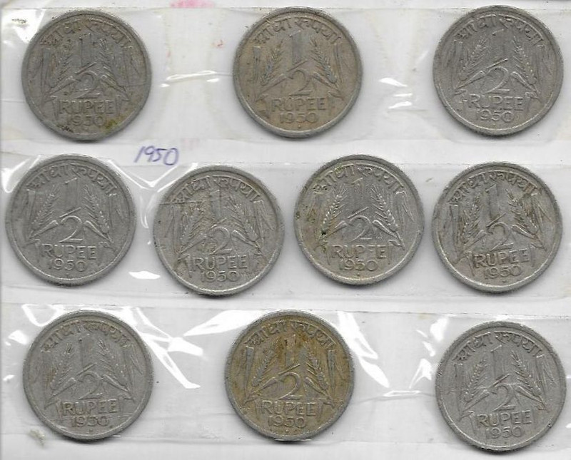 A1 International India 1950 1/2 Half Rupee 10 Coins Lot Medieval Coin Collection(10 Coins)