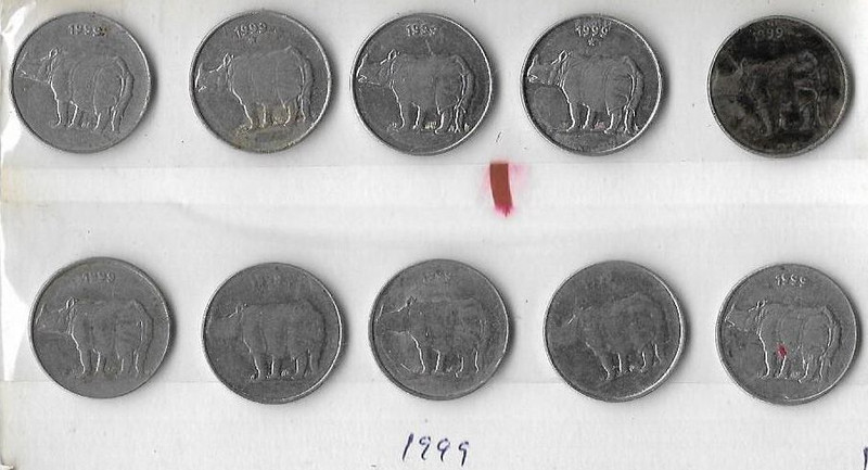 A1 International India 1999 Rhino Steel 25 Paise 10 Coins Lot Medieval Coin Collection(10 Coins)