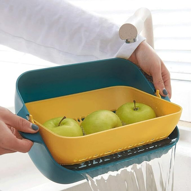 Borenties Dual Layer Fruit and Vegetable Washing Bowl with Drain Basket Collapsible Strainer(Green, Yellow Pack of 1)