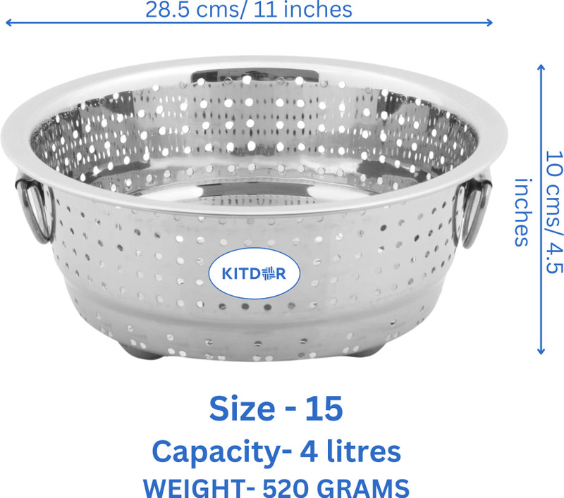Kitdor Rice Bowl Strainer Boya for Washing Vegetables Fruits Rice(Size 15, Extra Large) Strainer(Steel Pack of 1)