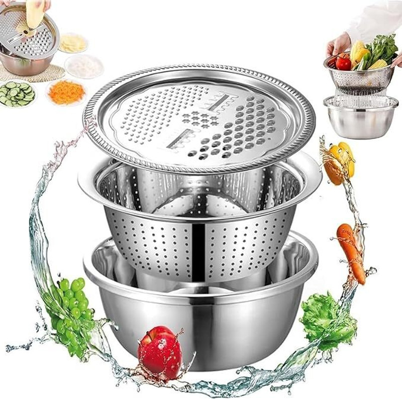 Mooues 3 in 1 Multifunctional Stainless Steel Basin Grater Drain Basket Strainer Strainer(Silver Pack of 1)