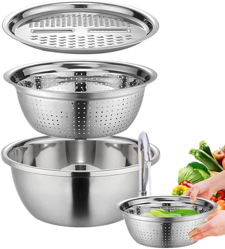 Karuna 3 in 1 Stainless Steel Grater Bowl with Drain Colander Grater Mesh Basket (26Cm) Strainer(Silver Pack of 1)