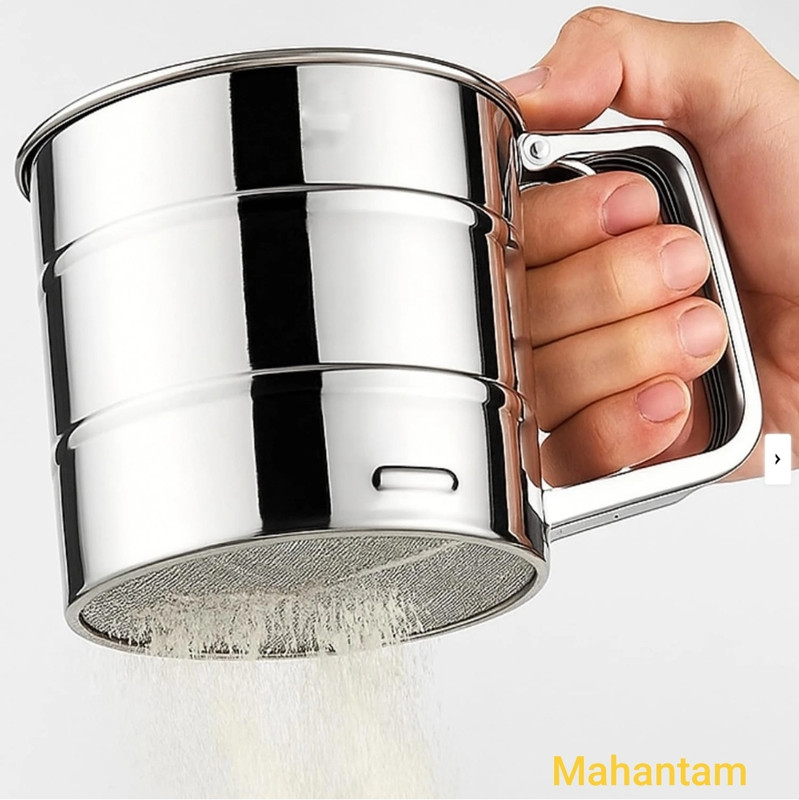 Mahantam Stainless Steel Shaker Sieve Cup Manual Flour Sifter with Measuring Scale Collapsible Strainer(Steel Pack of 1)