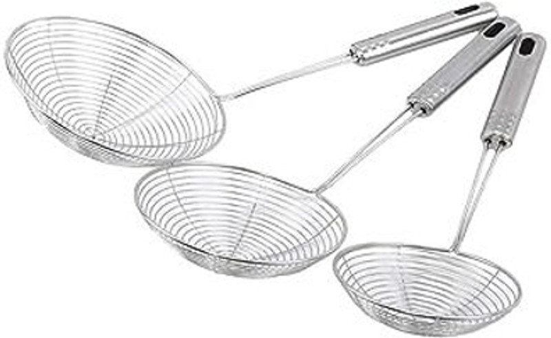 Aric Multiuses Stainless Steel Deep Fry Jhara Skimmer Strainer Collapsible Deep Frying Basket(Silver Pack of 3)