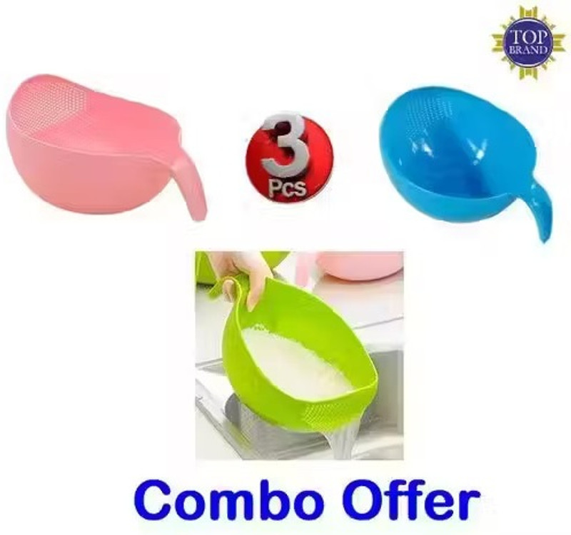 Dk Trendz Rice Fruits Vegetable Noodles Pasta Washing Bowl and Strainer Colander(Pink, Green, Blue Pack of 3)
