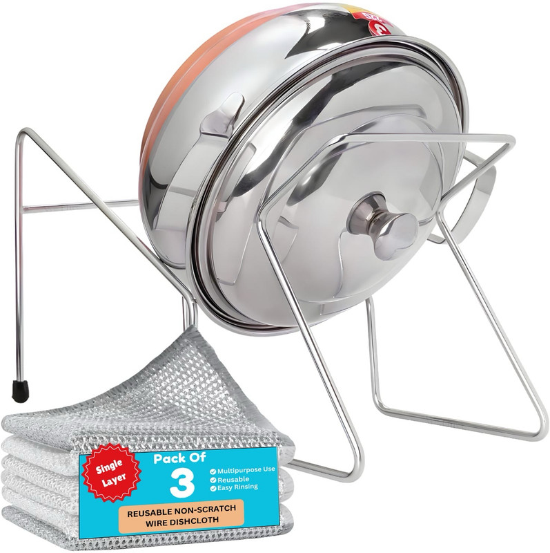 PvTraders Ricepot Drainer Stand| Noodles and Pasta Drainer(Free 3 Steel Scrubber Cloths) Strainer(Steel Pack of 1)