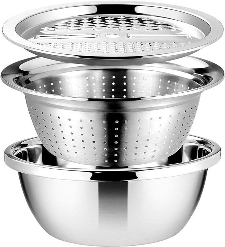 mavvie Graters for Kitchen 3-in-1 Grater Basin, Drain Basket & Salad Bowl for Kitchen Strainer(Silver)