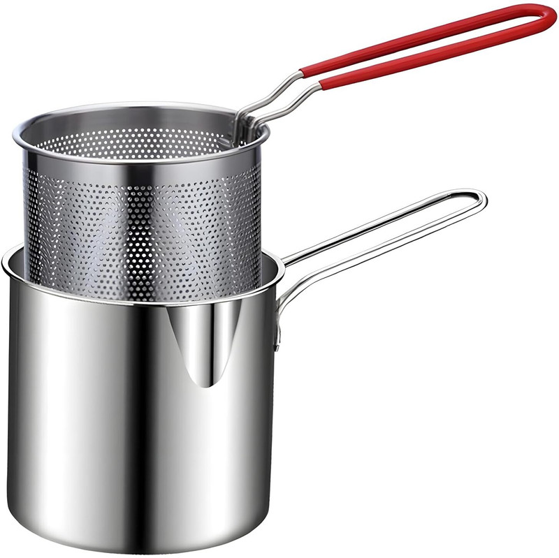 Remang Stainless Steel Deep Fryer Pot with Basket Long Handle Mini deep Oil Fryer Pot Pot 12 cm diameter 1.2 L capacity(Stainless Steel, Induction Bottom)
