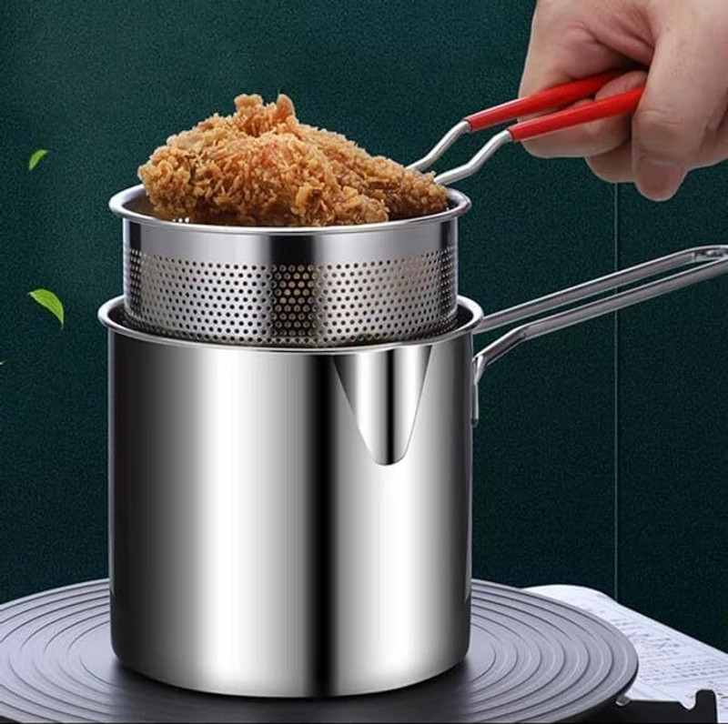 Harvic Deep Frying Pot with Strainer Basket for Frying French Fries, Chicken Wings Pot 12 cm diameter 1.2 L capacity(Stainless Steel)