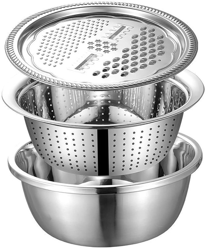 DITCAFOS Kitchen Multipurpose Grater Bowl Set with Colander Mesh Basket 3 in 1 Tool Colander(Silver Pack of 1)