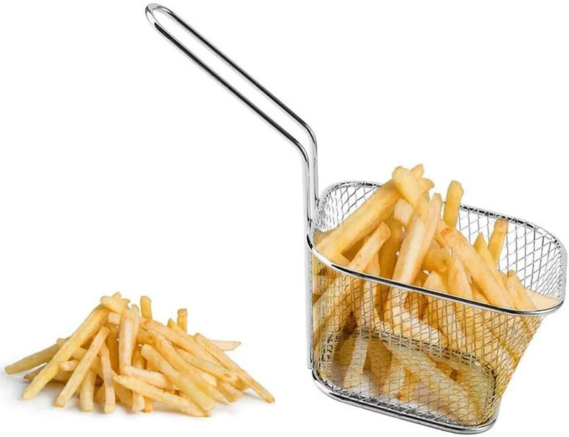 Khandhar Stainless Steel Deep Frying Basket Food Serving Basket with Handle Deep Frying Basket(Silver Pack of 1)