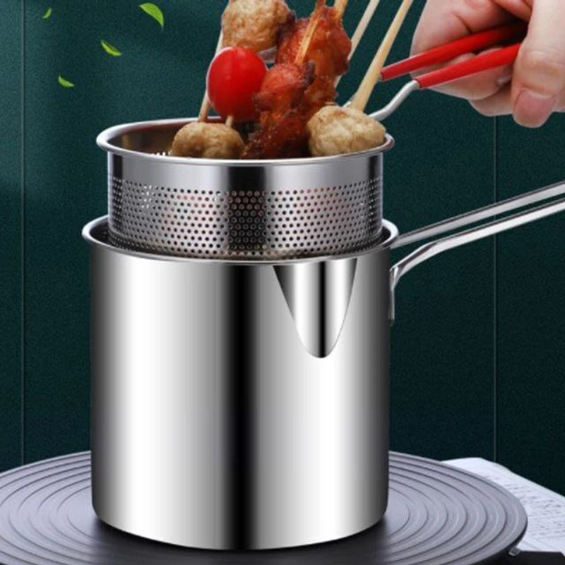 PRIDEDOX Stainless Steel Deep Frying Pot with Strainer Basket, 1.2L Pot 10 cm diameter 1.2 L capacity(Stainless Steel, Non-stick, Induction Bottom)