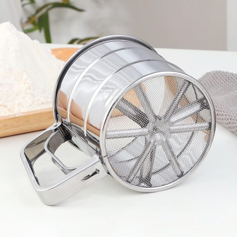 CRAZYGOL Stainless Steel Flour Sieve Baking Sieve Cup with Hand Press Design (Silver) Collapsible Strainer(Silver Pack of 1)