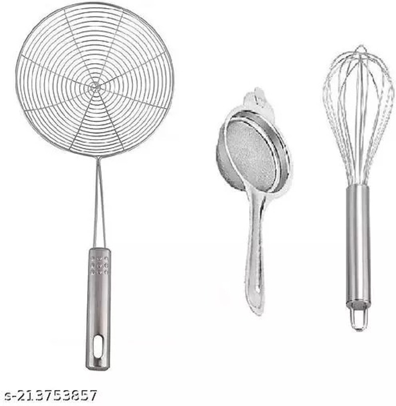 Aric Stainless Steel Deep Fry Jhara /Tea Strainer And Egg Beater Whisker Deep Frying Basket(Silver Pack of 3)