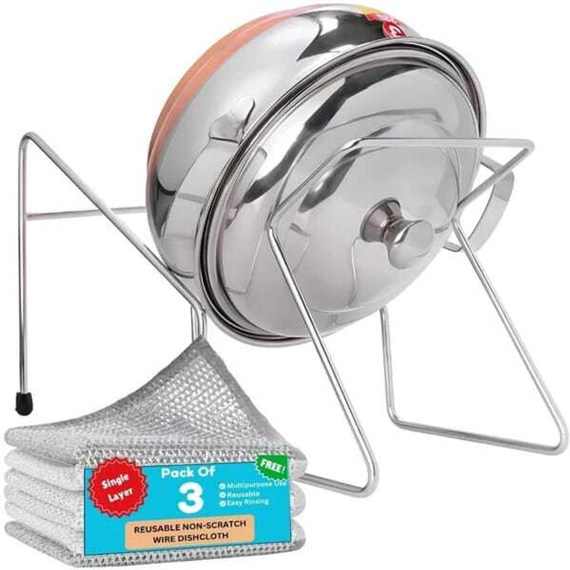 KUMISHRI Ricepot Rice pot Drainer Stand + 3 steel wire scratch free dish cloth free Strainer(Silver Pack of 1)