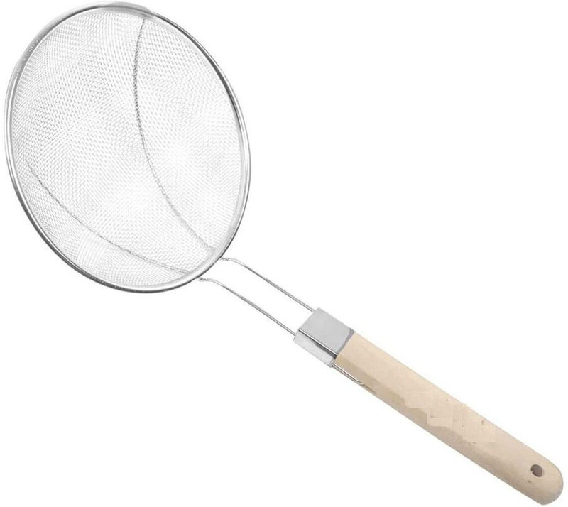 Aric Deep Fry Spoon With Wooden Handle Puri Strainer for kitchen Strainer Strainer(Silver Pack of 1)