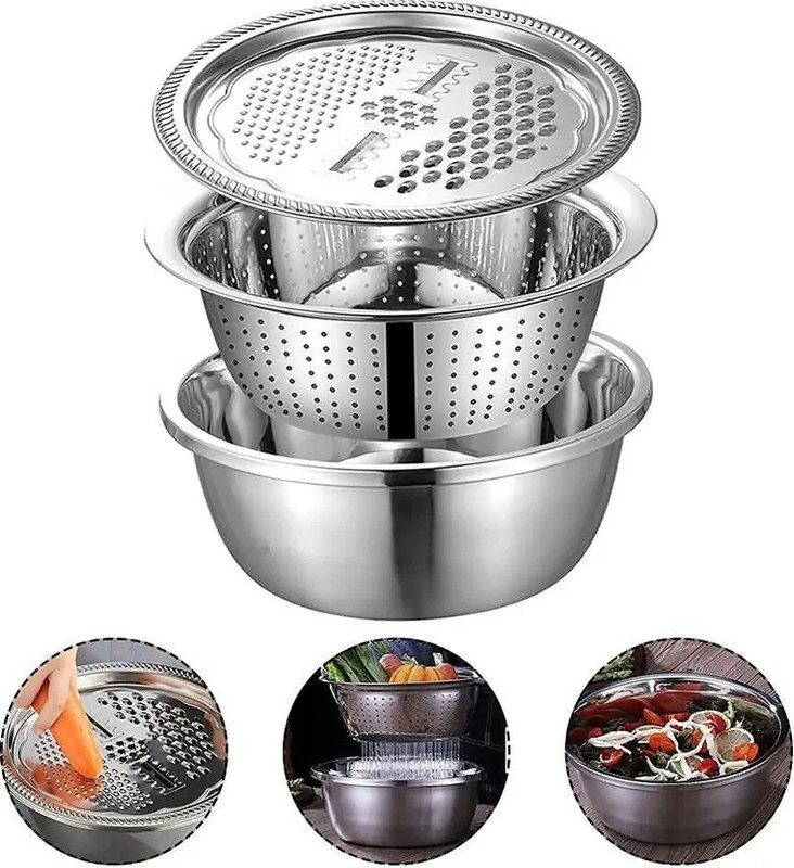 Mooues 3-in-1 Stainless Steel Grater, Drain Basket & Vegetable Cutter Set (26cm) Strainer(Silver Pack of 1)