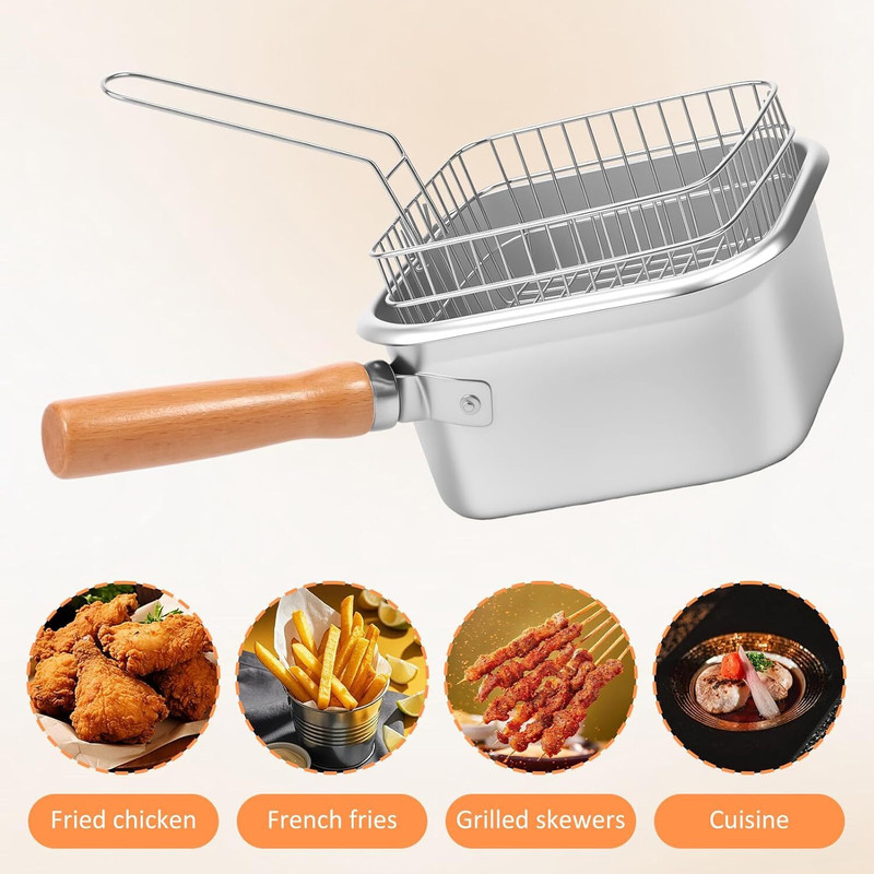 Kruvad Small Deep Fryer Pot Strainer Basket Wood Handle Square Frying Pan Fish Basket Grill(Pack of 1)