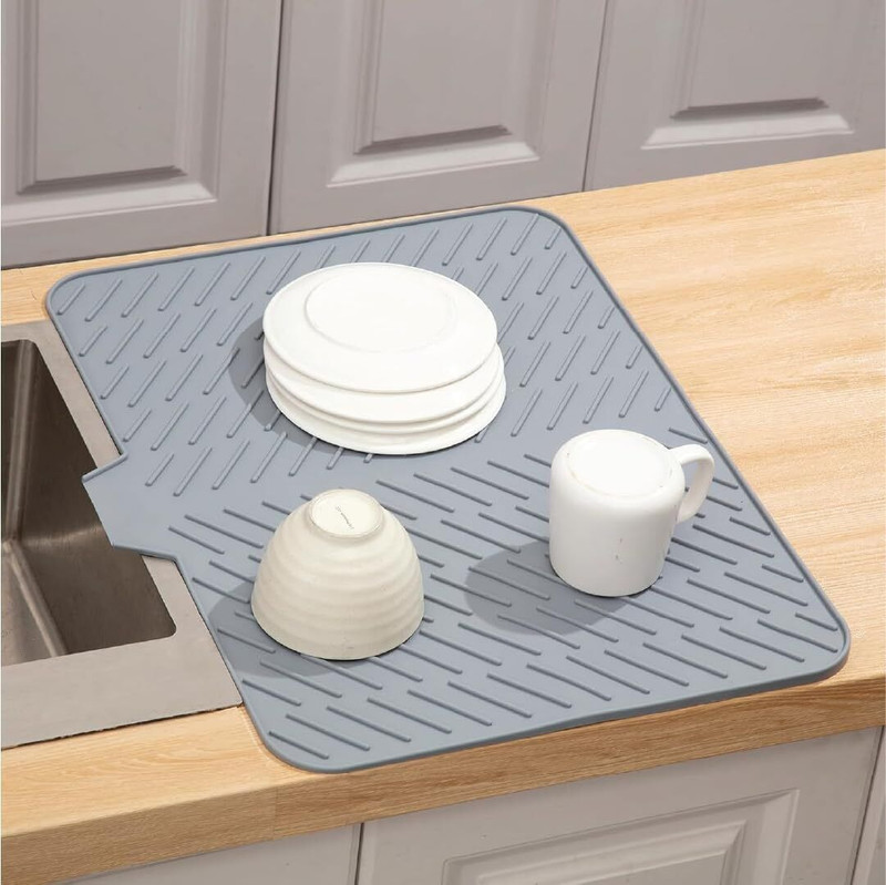 Puno Silicone Dish Drying Mat for Kitchen - Built-in Drain Lip Collapsible Strainer(Grey Pack of 1)
