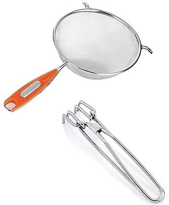 Aric Stainless Steel Wire Tong Pakkad Tools With Soup, Juice Strainer Collapsible Strainer(Silver Pack of 2)