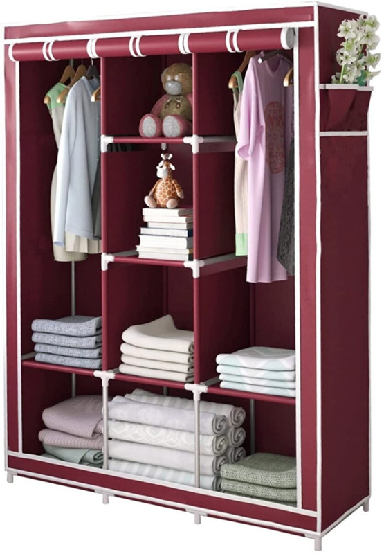 vipash 8 shelf Portable Cloth Closet Wardrobe Non-Woven Storage Organizer, Side Pockets Carbon Steel Collapsible Wardrobe(Finish Color - MAROON, DIY(Do-It-Yourself))