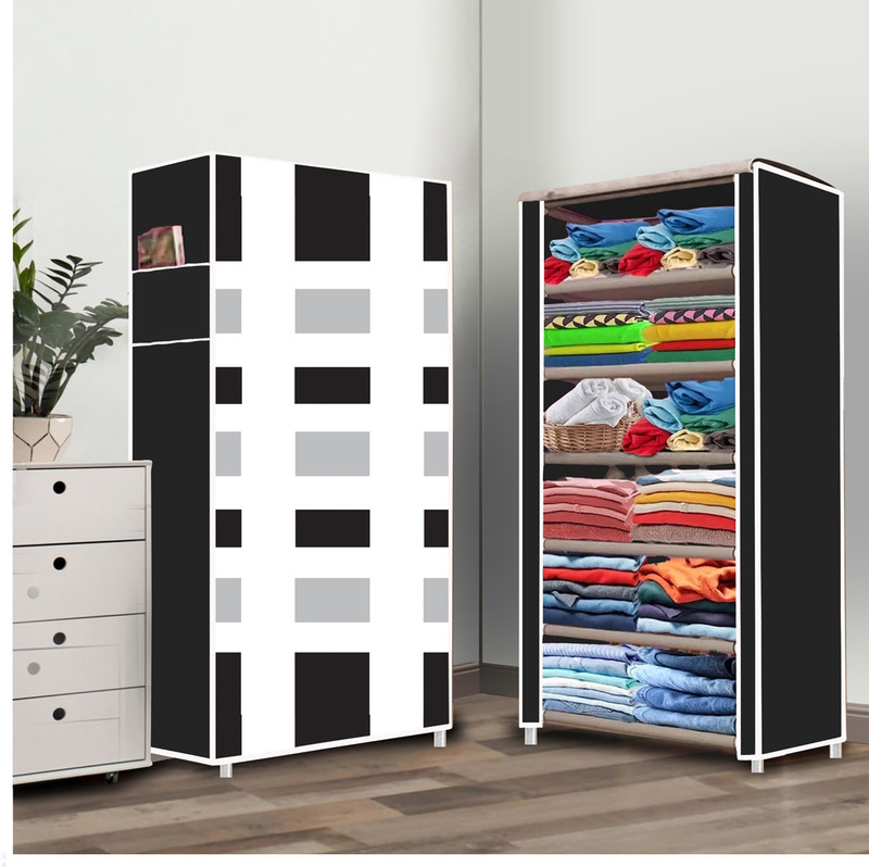 FurniGully 1 Door 6 Shelf Fabric plastic shoe rack for home Carbon Steel Collapsible Wardrobe(Finish Color - Black6, DIY(Do-It-Yourself))