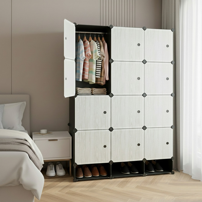KriShyam ® 12-Cube Storage Cabinet with Doors,2 Hanging Rod & 1 External Hanger Hook PP Collapsible Wardrobe(Finish Color - 12 BOX WARDROBE + 3 SHOE BOX (WHITE), DIY(Do-It-Yourself))
