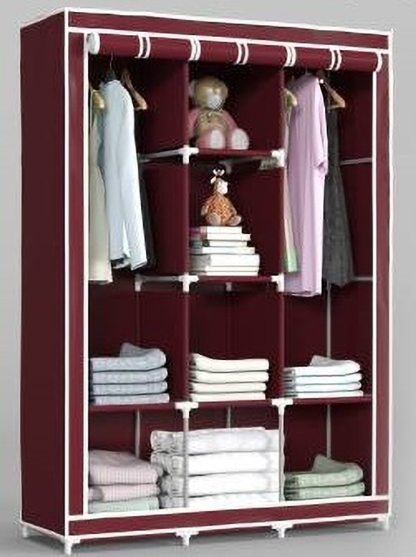 SHYAM JI 3 door Collapsible Portable Foldable Wardrobe Storage Organizer 8 Shelves Carbon Steel Collapsible Wardrobe(Finish Color - MAROON, DIY(Do-It-Yourself))