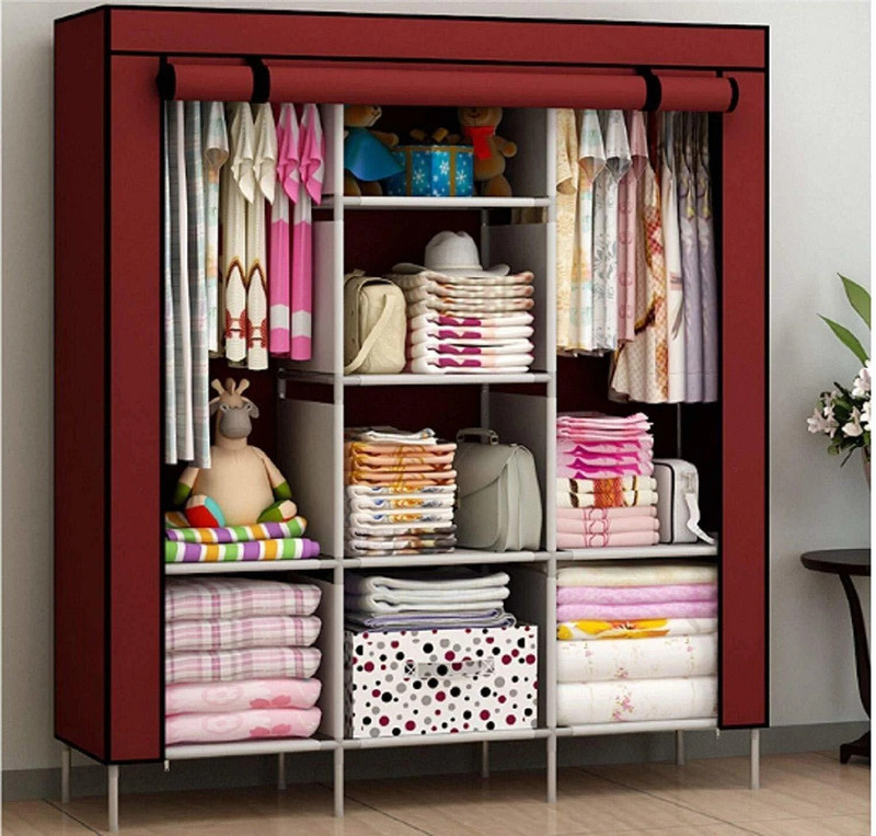 FurniGully Foldable Wardrobe 88130 6+2 Rack Carbon Steel Collapsible Wardrobe(Finish Color - MAROON, DIY(Do-It-Yourself))