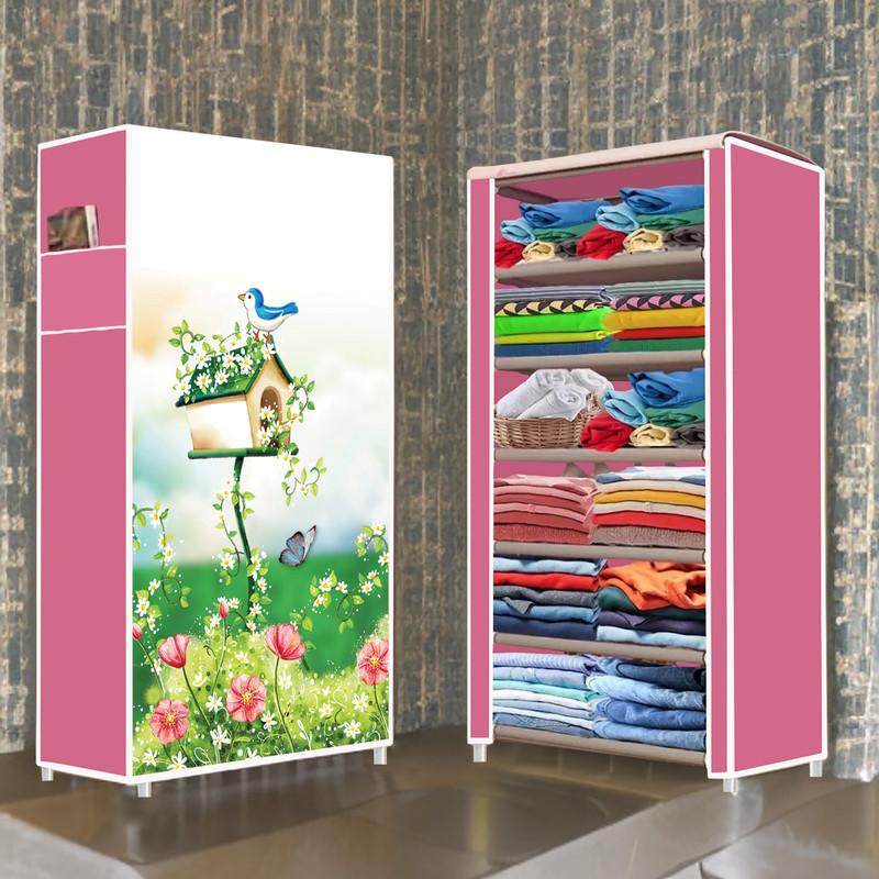 Ryuga 6 Shelf House Tree Pink Printed PP Collapsible Wardrobe(Finish Color - House Tree Pink Elegant Printed, DIY(Do-It-Yourself))