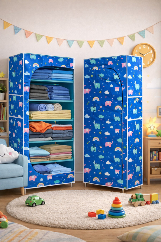 Porchex Kids Fabric Wardrobe with 6 Shelves | Foldable & Portable Kids Cupboard/Almirah PP Collapsible Wardrobe(Finish Color - Blue, DIY(Do-It-Yourself))