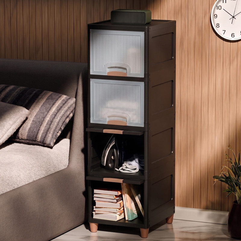 HEGZI Almirah for Clothes Cupboard Clothes Plastic Almirah, Foldable Wardrobe PVC Collapsible Wardrobe(Finish Color - 4-Tier, DIY(Do-It-Yourself))