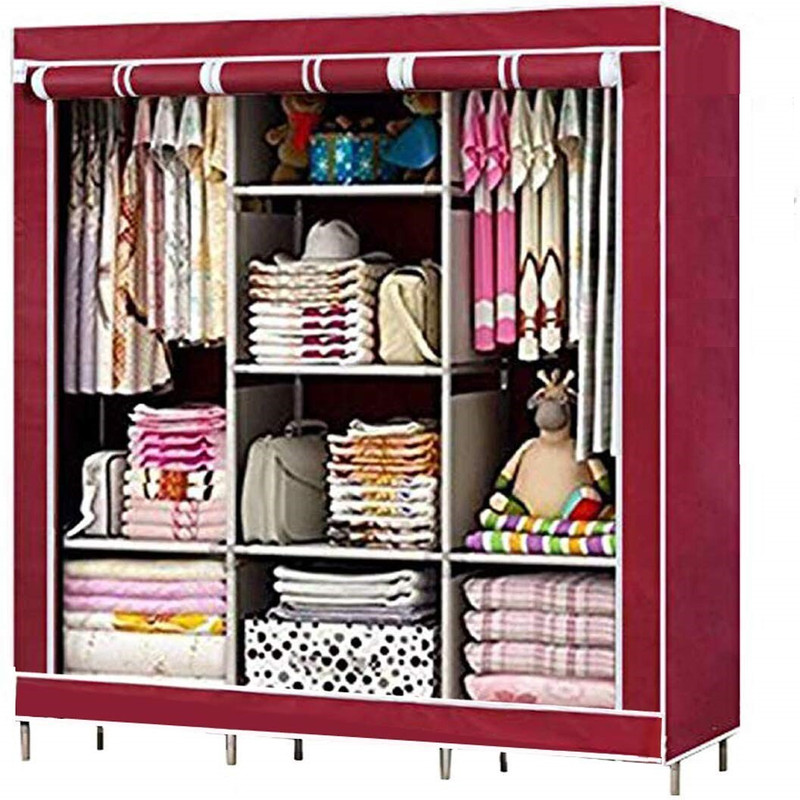 SHYAM JI Wardrobe Organizer for Clothes, ABS Plastic, Fabric Cupboard - 8 Shelf, 2 Hanger Carbon Steel Collapsible Wardrobe(Finish Color - MAROON, DIY(Do-It-Yourself))